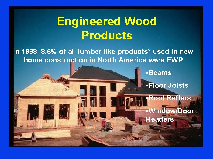 Engineered Wood Products In 1998, 8. 6% of all lumber-like products* used in new