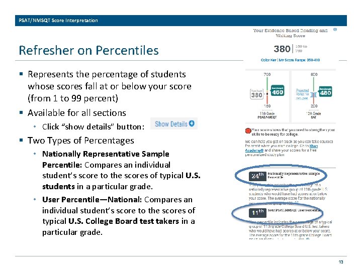 PSAT/NMSQT Score Interpretation Refresher on Percentiles § Represents the percentage of students whose scores