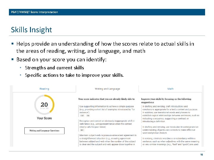 PSAT/NMSQT Score Interpretation Skills Insight § Helps provide an understanding of how the scores