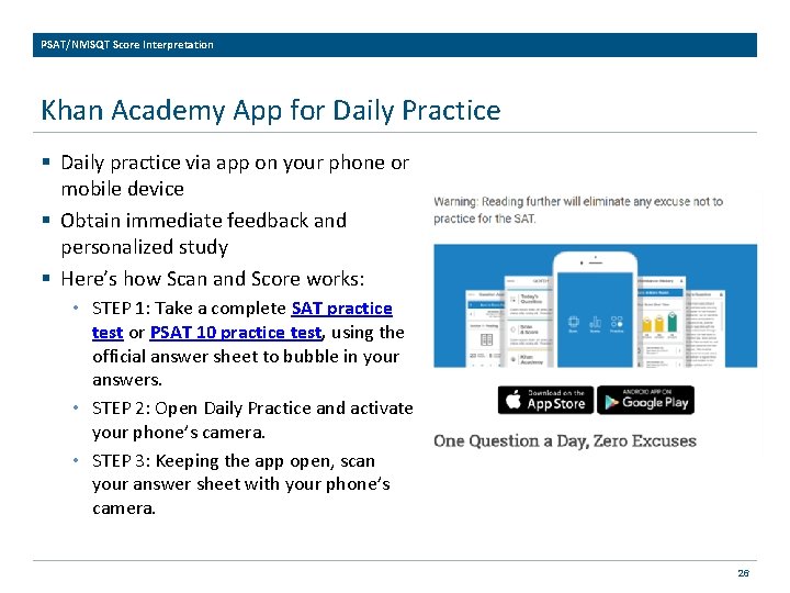 PSAT/NMSQT Score Interpretation Khan Academy App for Daily Practice § Daily practice via app