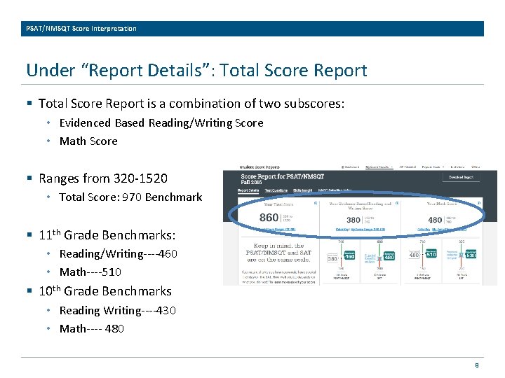 PSAT/NMSQT Score Interpretation Under “Report Details”: Total Score Report § Total Score Report is