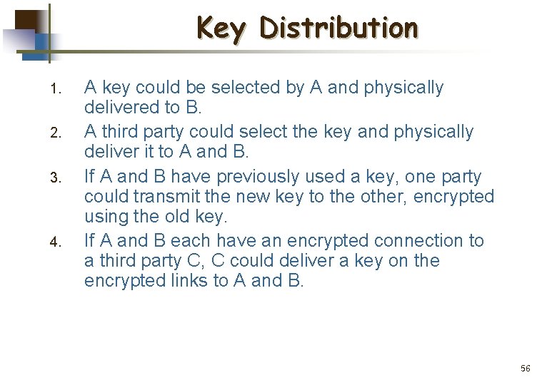 Key Distribution 1. 2. 3. 4. A key could be selected by A and