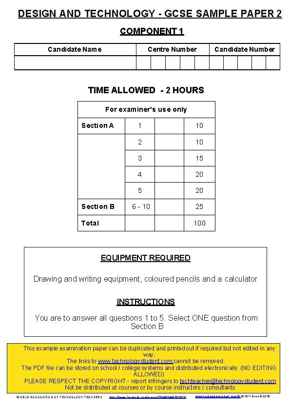 DESIGN AND TECHNOLOGY - GCSE SAMPLE PAPER 2 COMPONENT 1 Candidate Name Centre Number