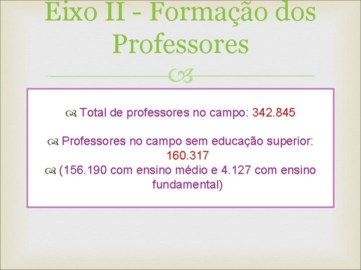 Eixo II - Formação dos Professores Total de professores no campo: 342. 845 Professores