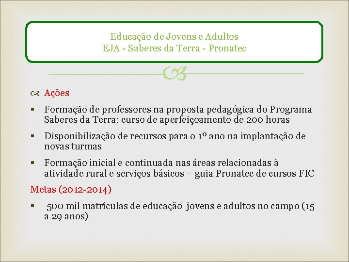 Educação de Jovens e Adultos EJA - Saberes da Terra - Pronatec Ações §