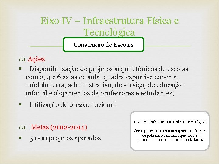 Eixo IV – Infraestrutura Física e Tecnológica Construção de Escolas Ações § Disponibilização de