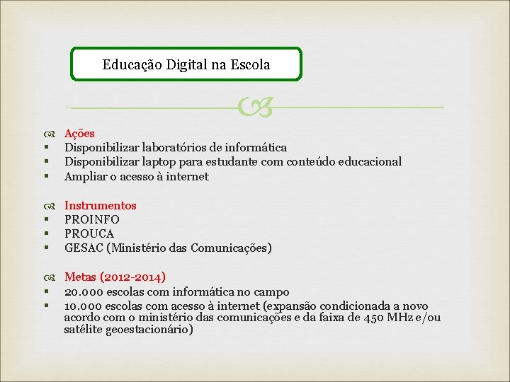 Educação Digital na Escola § § § Ações Disponibilizar laboratórios de informática Disponibilizar laptop