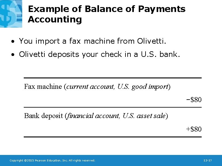 Example of Balance of Payments Accounting • You import a fax machine from Olivetti.