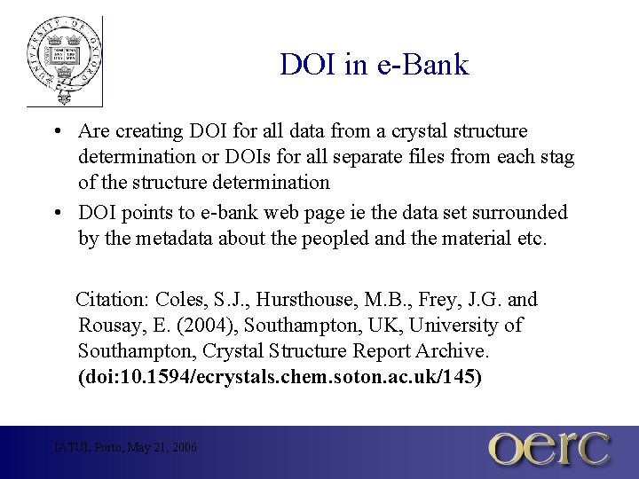 DOI in e-Bank • Are creating DOI for all data from a crystal structure