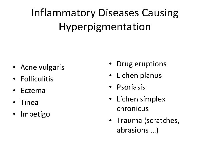 Inflammatory Diseases Causing Hyperpigmentation • • • Acne vulgaris Folliculitis Eczema Tinea Impetigo Drug