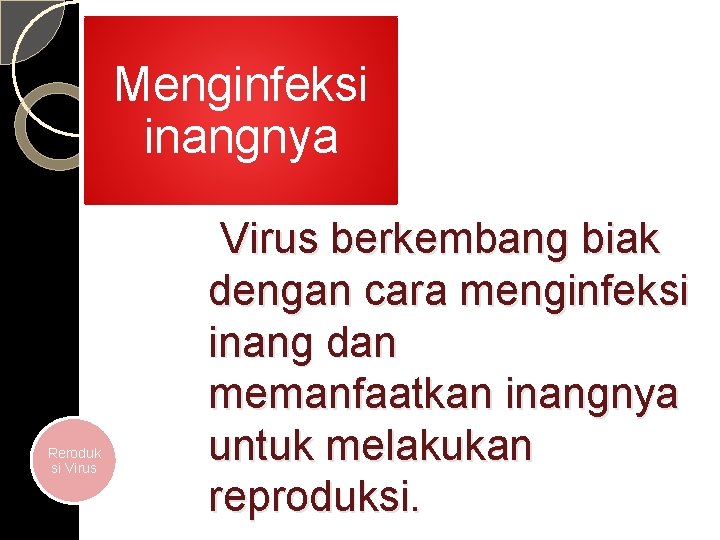 Menginfeksi inangnya Reroduk si Virus berkembang biak dengan cara menginfeksi inang dan memanfaatkan inangnya