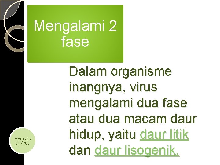 Mengalami 2 fase Reroduk si Virus Dalam organisme inangnya, virus mengalami dua fase atau