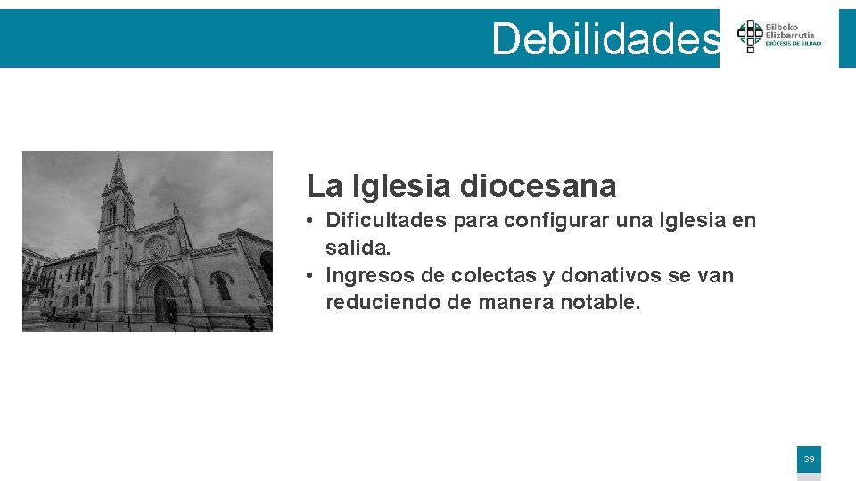 Debilidades La Iglesia diocesana • Dificultades para configurar una Iglesia en salida. • Ingresos