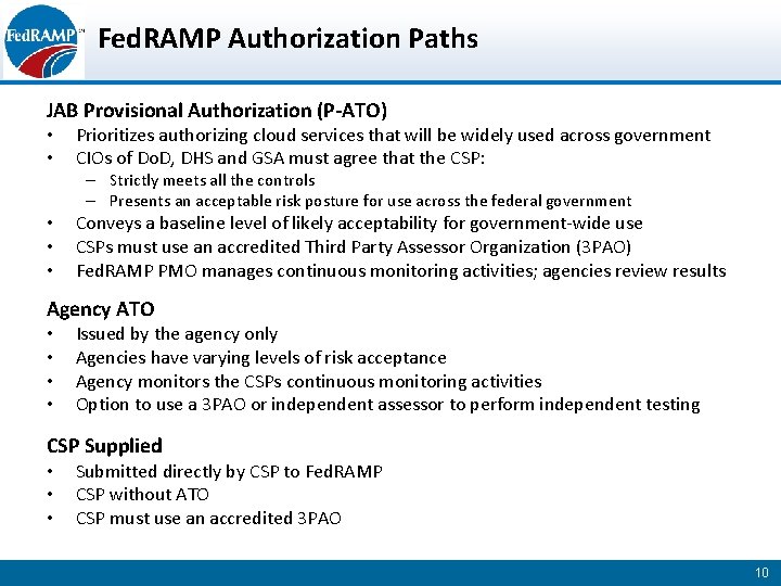 Fed. RAMP Authorization Paths JAB Provisional Authorization (P-ATO) • • Prioritizes authorizing cloud services