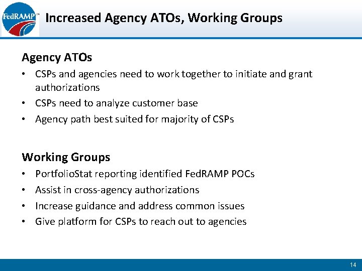 Increased Agency ATOs, Working Groups Agency ATOs • CSPs and agencies need to work