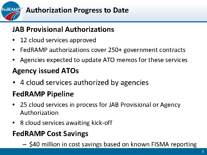 Authorization Progress to Date JAB Provisional Authorizations • 12 cloud services approved • Fed.