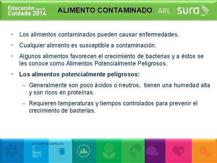 ALIMENTO CONTAMINADO • Los alimentos contaminados pueden causar enfermedades. • Cualquier alimento es susceptible