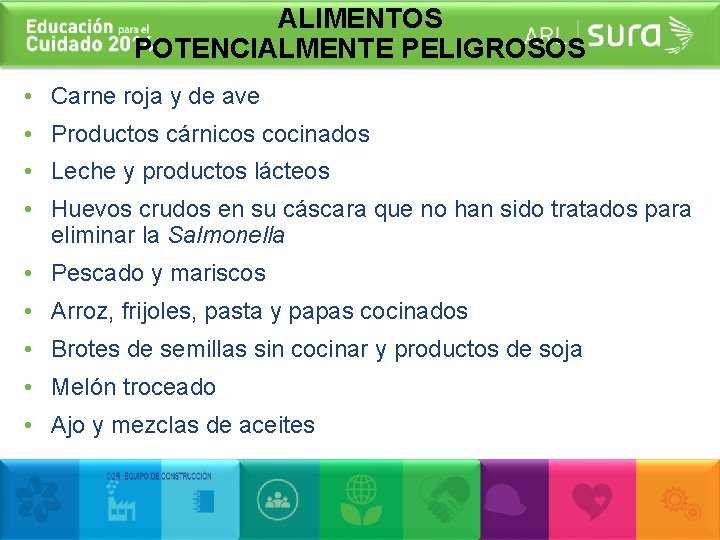 ALIMENTOS POTENCIALMENTE PELIGROSOS • Carne roja y de ave • Productos cárnicos cocinados •