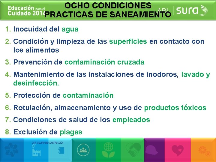 OCHO CONDICIONES PRACTICAS DE SANEAMIENTO 1. Inocuidad del agua 2. Condición y limpieza de