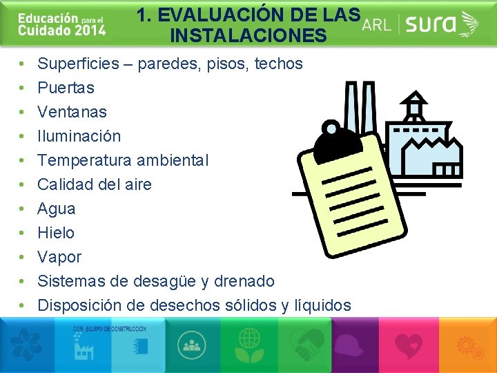 1. EVALUACIÓN DE LAS INSTALACIONES • • • Superficies – paredes, pisos, techos Puertas