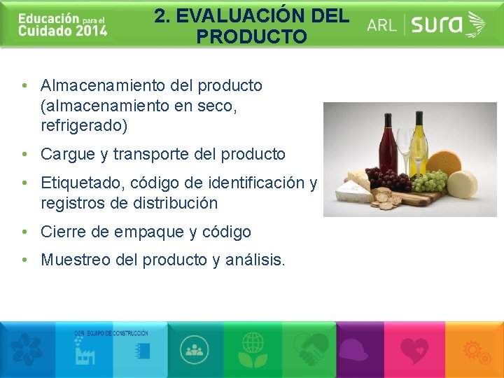 2. EVALUACIÓN DEL PRODUCTO • Almacenamiento del producto (almacenamiento en seco, refrigerado) • Cargue