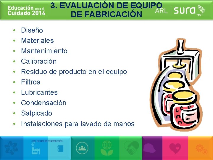 3. EVALUACIÓN DE EQUIPO DE FABRICACIÓN • • • Diseño Materiales Mantenimiento Calibración Residuo