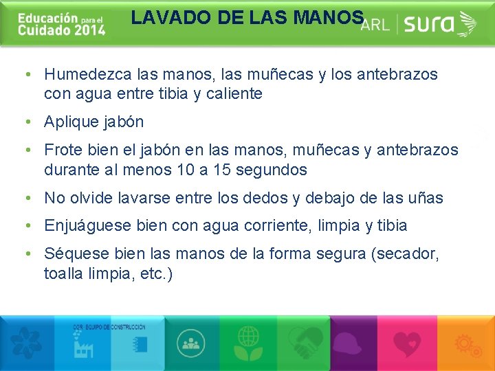 LAVADO DE LAS MANOS • Humedezca las manos, las muñecas y los antebrazos con