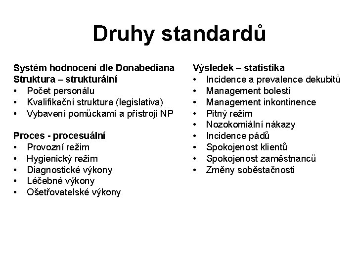 Druhy standardů Systém hodnocení dle Donabediana Struktura – strukturální • Počet personálu • Kvalifikační