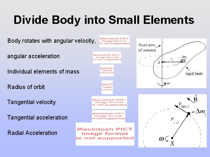 Divide Body into Small Elements Body rotates with angular velocity, angular acceleration Individual elements