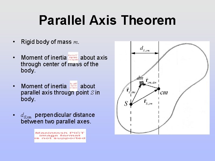 Parallel Axis Theorem • Rigid body of mass m. • Moment of inertia about