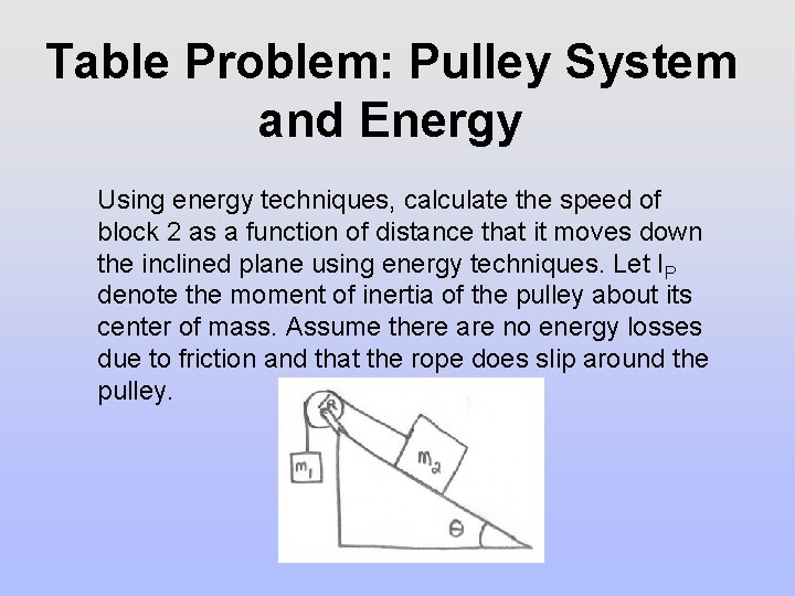 Table Problem: Pulley System and Energy Using energy techniques, calculate the speed of block