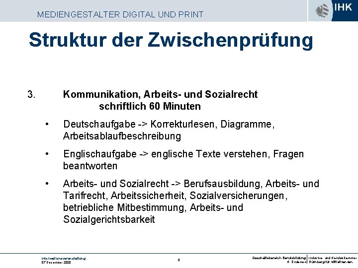 MEDIENGESTALTER DIGITAL UND PRINT Struktur der Zwischenprüfung 3. Kommunikation, Arbeits- und Sozialrecht schriftlich 60