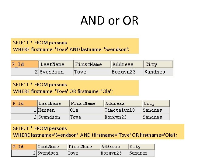 AND or OR SELECT * FROM persons WHERE firstname='Tove' AND lastname='Svendson'; SELECT * FROM AND or OR SELECT * FROM persons WHERE firstname='Tove' AND lastname='Svendson'; SELECT * FROM
