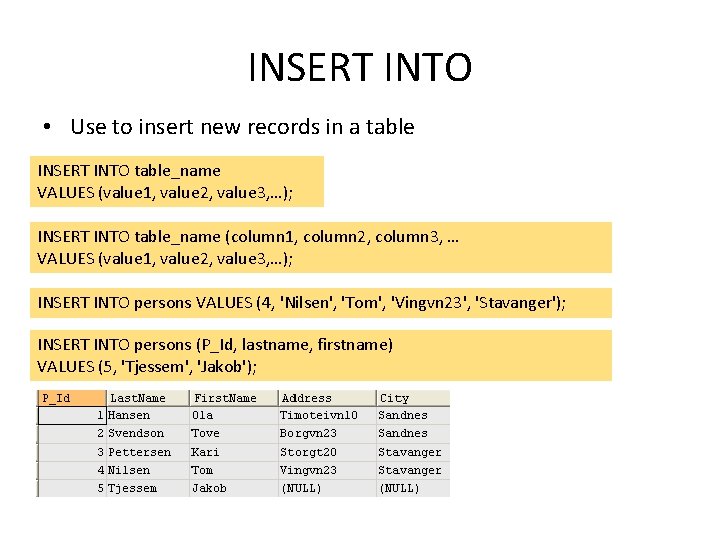 INSERT INTO • Use to insert new records in a table INSERT INTO table_name INSERT INTO • Use to insert new records in a table INSERT INTO table_name