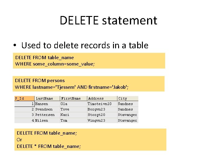 DELETE statement • Used to delete records in a table DELETE FROM table_name WHERE DELETE statement • Used to delete records in a table DELETE FROM table_name WHERE