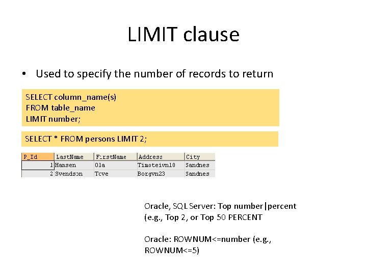 LIMIT clause • Used to specify the number of records to return SELECT column_name(s) LIMIT clause • Used to specify the number of records to return SELECT column_name(s)