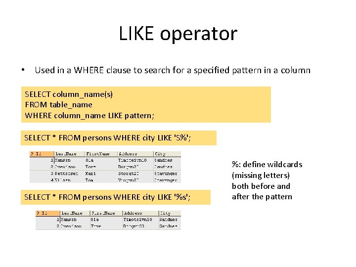 LIKE operator • Used in a WHERE clause to search for a specified pattern LIKE operator • Used in a WHERE clause to search for a specified pattern