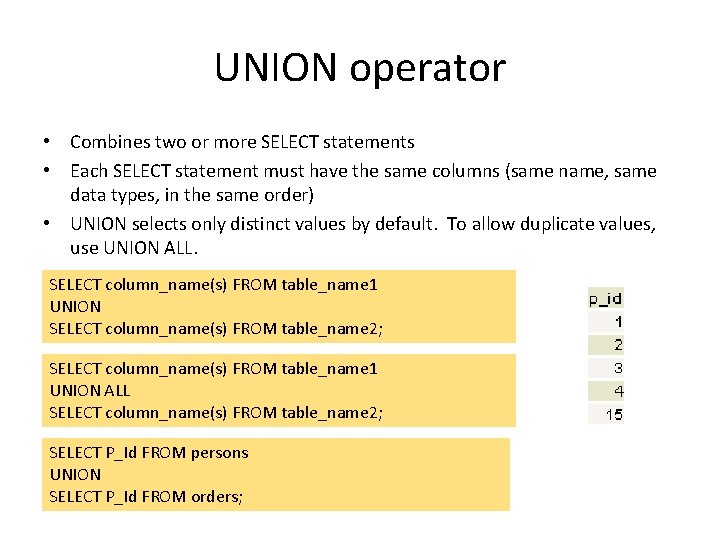 UNION operator • Combines two or more SELECT statements • Each SELECT statement must UNION operator • Combines two or more SELECT statements • Each SELECT statement must
