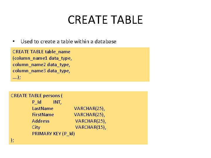 CREATE TABLE • Used to create a table within a database CREATE TABLE table_name CREATE TABLE • Used to create a table within a database CREATE TABLE table_name