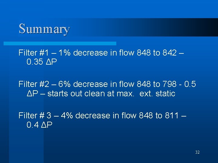 Summary Filter #1 – 1% decrease in flow 848 to 842 – 0. 35