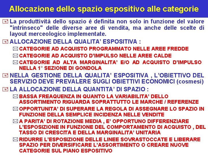 Allocazione dello spazio espositivo alle categorie + La produttività dello spazio è definita non