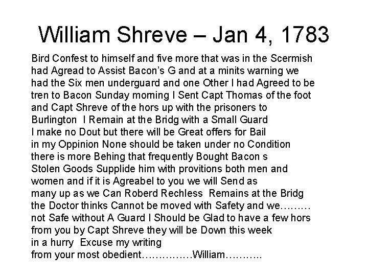 William Shreve – Jan 4, 1783 Bird Confest to himself and five more that