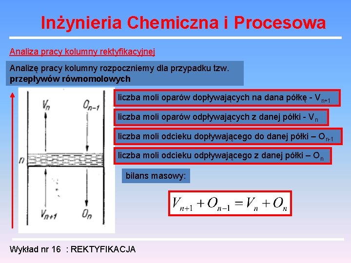 Inżynieria Chemiczna i Procesowa Analiza pracy kolumny rektyfikacyjnej Analizę pracy kolumny rozpoczniemy dla przypadku