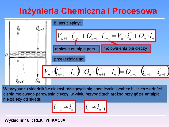 Inżynieria Chemiczna i Procesowa bilans cieplny: molowa entalpia pary molowa entalpia cieczy przekształcając: W