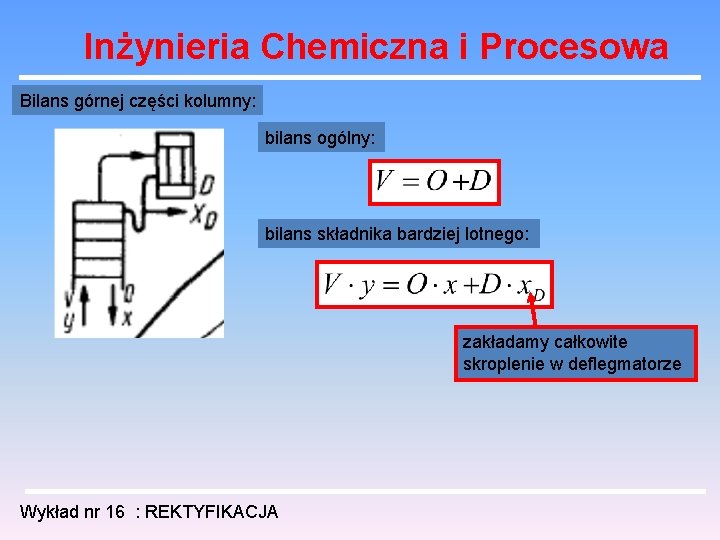 Inżynieria Chemiczna i Procesowa Bilans górnej części kolumny: bilans ogólny: bilans składnika bardziej lotnego: