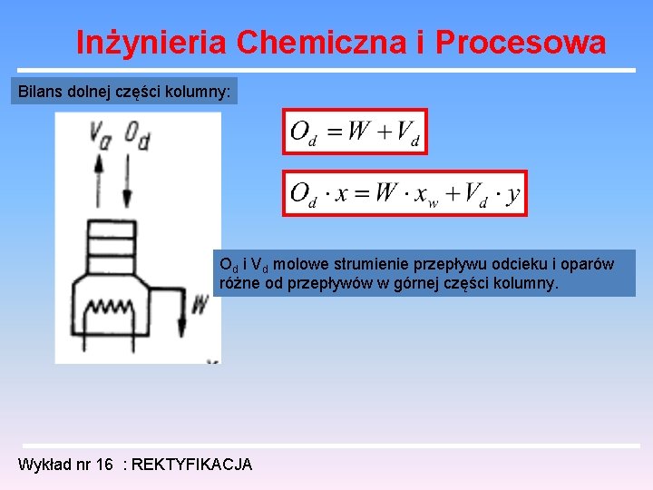 Inżynieria Chemiczna i Procesowa Bilans dolnej części kolumny: Od i Vd molowe strumienie przepływu