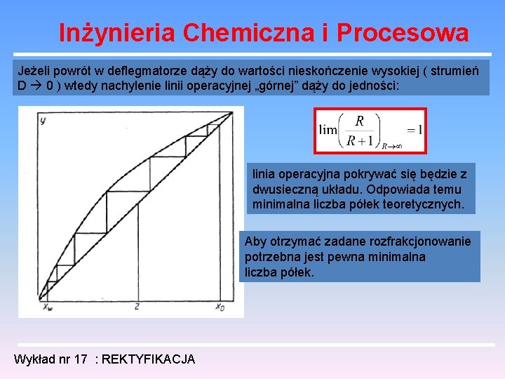 Inżynieria Chemiczna i Procesowa Jeżeli powrót w deflegmatorze dąży do wartości nieskończenie wysokiej (