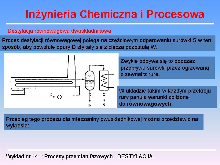 Inżynieria Chemiczna i Procesowa Destylacja równowagowa dwuskładnikowa Proces destylacji równowagowej polega na częściowym odparowaniu