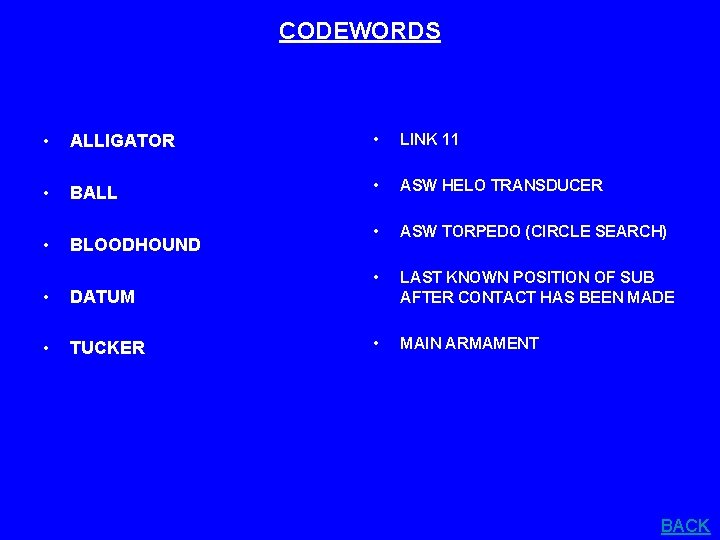 CODEWORDS • ALLIGATOR • LINK 11 • BALL • ASW HELO TRANSDUCER • BLOODHOUND