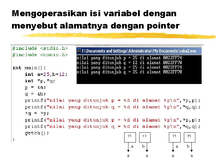 Mengoperasikan isi variabel dengan menyebut alamatnya dengan pointer 